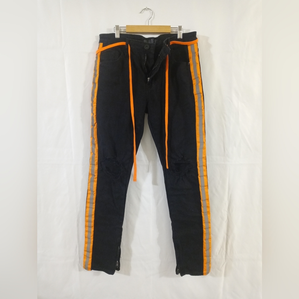 KDNK Black Slim Jeans with Vibrant Orange Accents